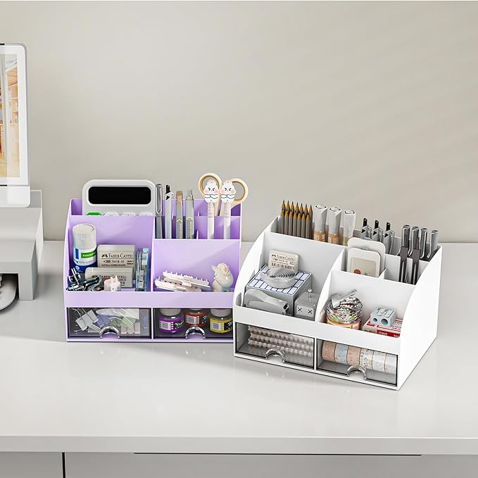 Desk Organizer with 6 Compartments and 2 Drawers, Plastic Makeup Organizer - Image 5