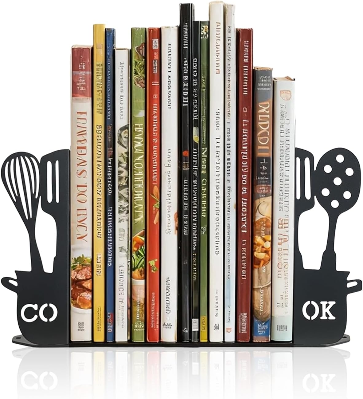ENCIMART Metal Book Ends for Shelves, Kitchen Bookends Home Decorative Bookends for Heavy Books, Unique Cute Cookbook Organizer Book Holder for Kitchen Housewarming Cooking Book Lover Gifts, Black