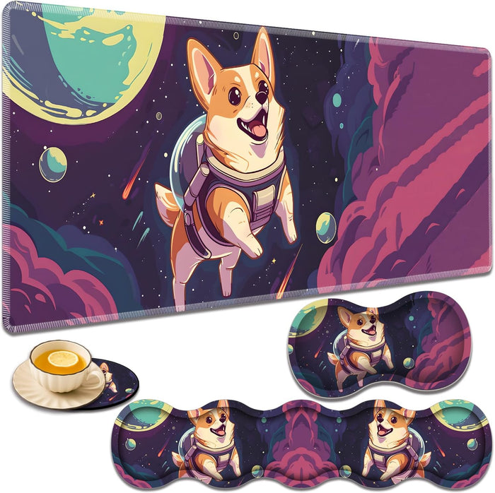 Gaming Mouse Pad Set, Large Gaming Mouse Pad+Keyboard Wrist Rest+Mouse Wrist Rest+Coaster, Easy Typing Pain Relief, 31.5 × 11.8 inch Desk Mat for Home Office - Space Corgis