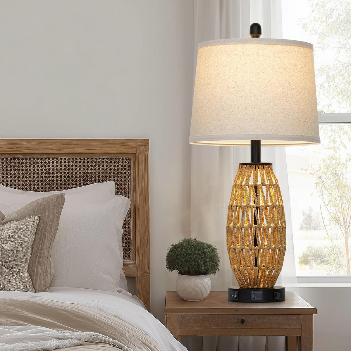 27" Boho Rattan Table Lamp Single, Wicker Bedroom Lamp with Night Light,...