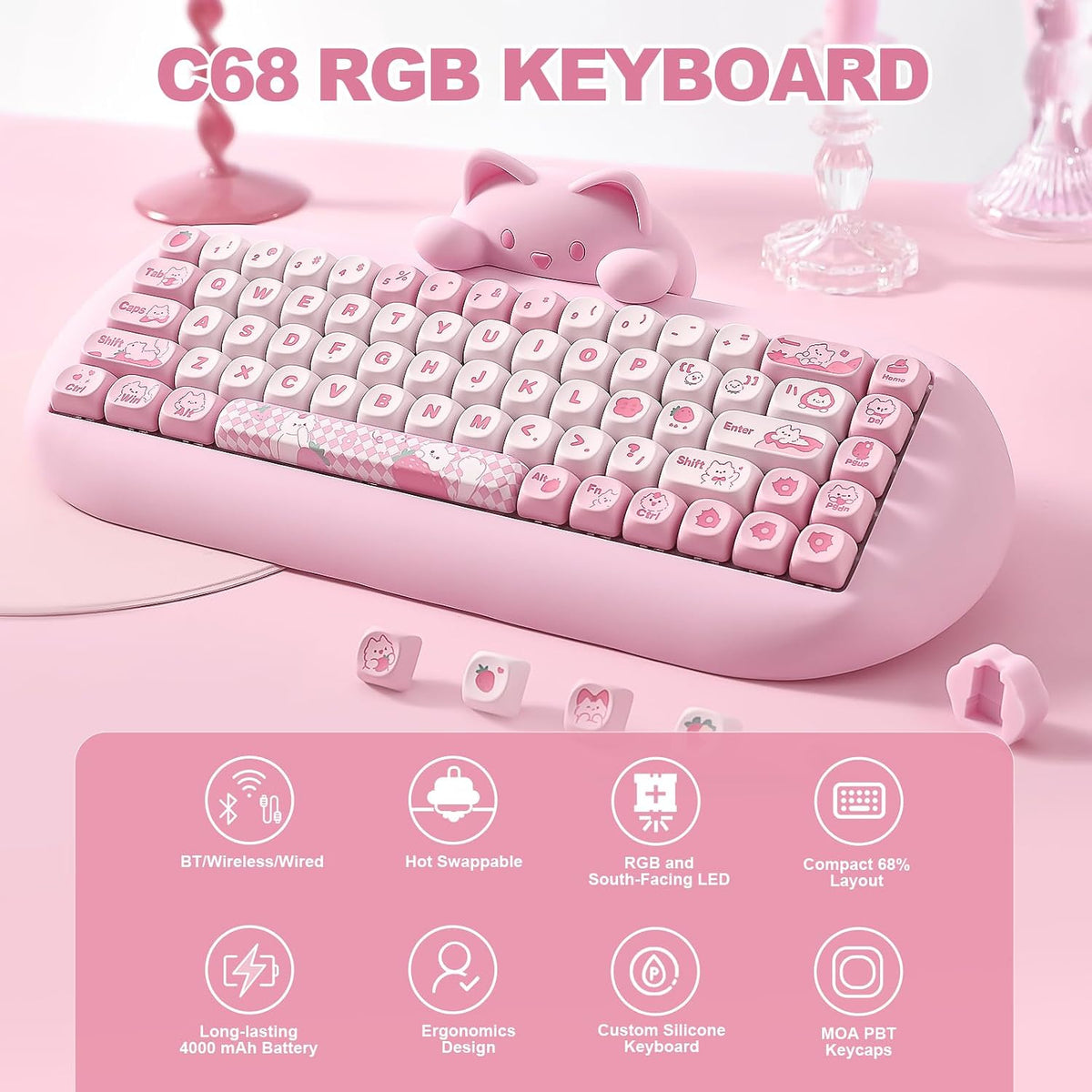 YUNZII C68 Silicone Cute Cat Mechanical Keyboard (Pink, Cocoa Cream Switch)