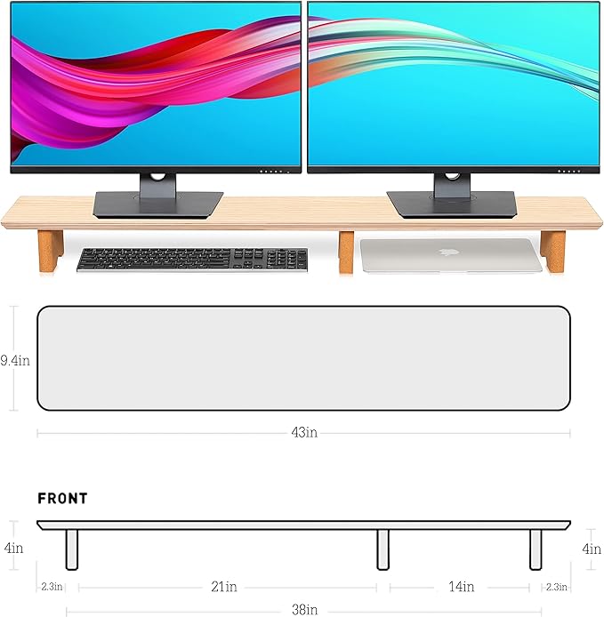 Aothia Large Dual Monitor Stand Riser, Solid Wood Desk Shelf - Image 4