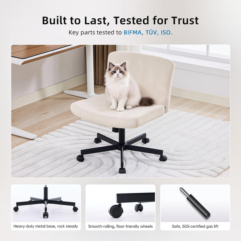 amseatec Criss Cross Office Chair with Wheels, Fabric Makeup Vanity Chair | Extra-deep 20.5" seat for cross-legged sitting. 330 lbs, SGS gas lift. 90-115° tilt, 360° swivel. Soft fabric, armless