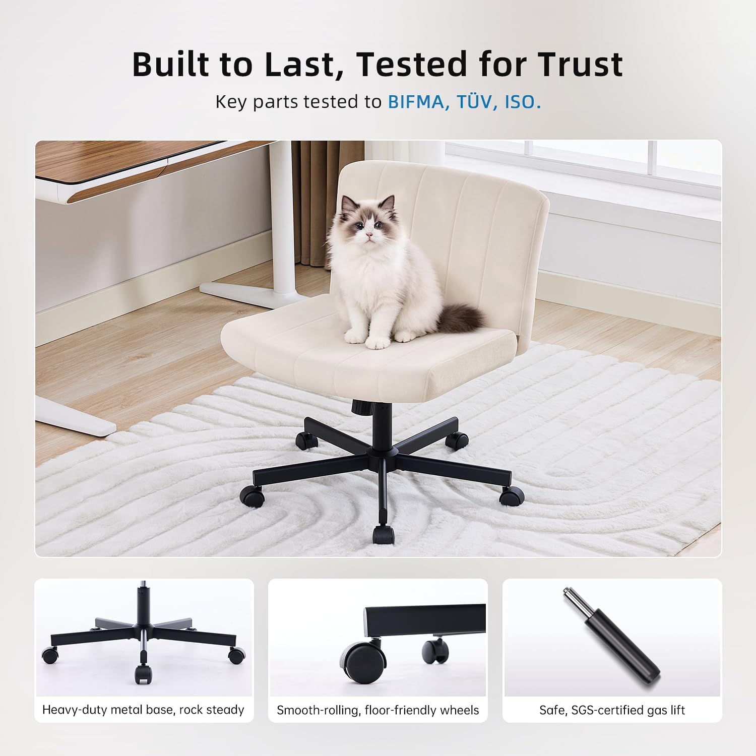 amseatec Criss Cross Office Chair with Wheels, Fabric Makeup Vanity Chair | Extra-deep 20.5" seat for cross-legged sitting. 330 lbs, SGS gas lift. 90-115° tilt, 360° swivel. Soft fabric, armless
