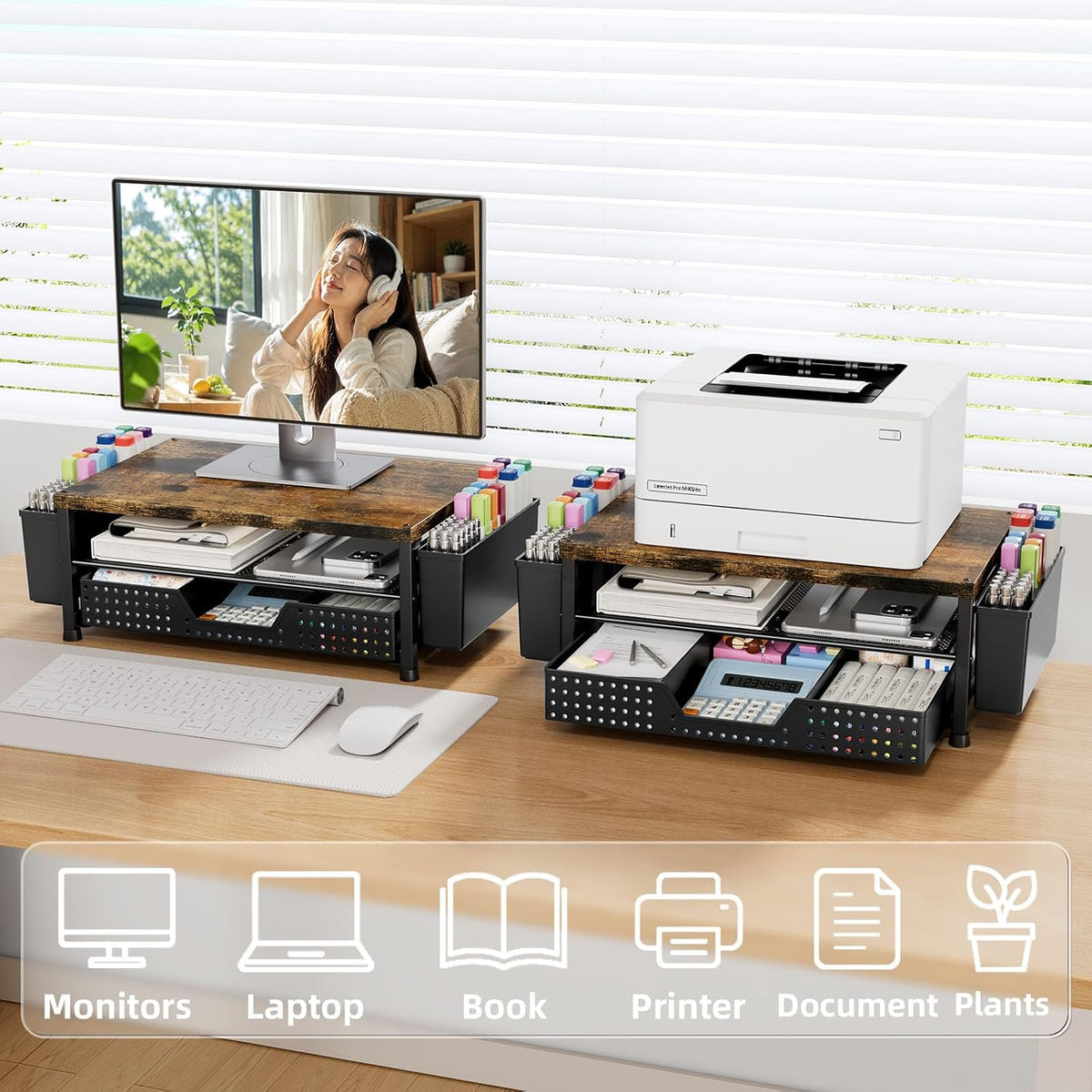Monitor Stand Riser with Plastic Drawer and Two Pen Holders, Dark Wood Top