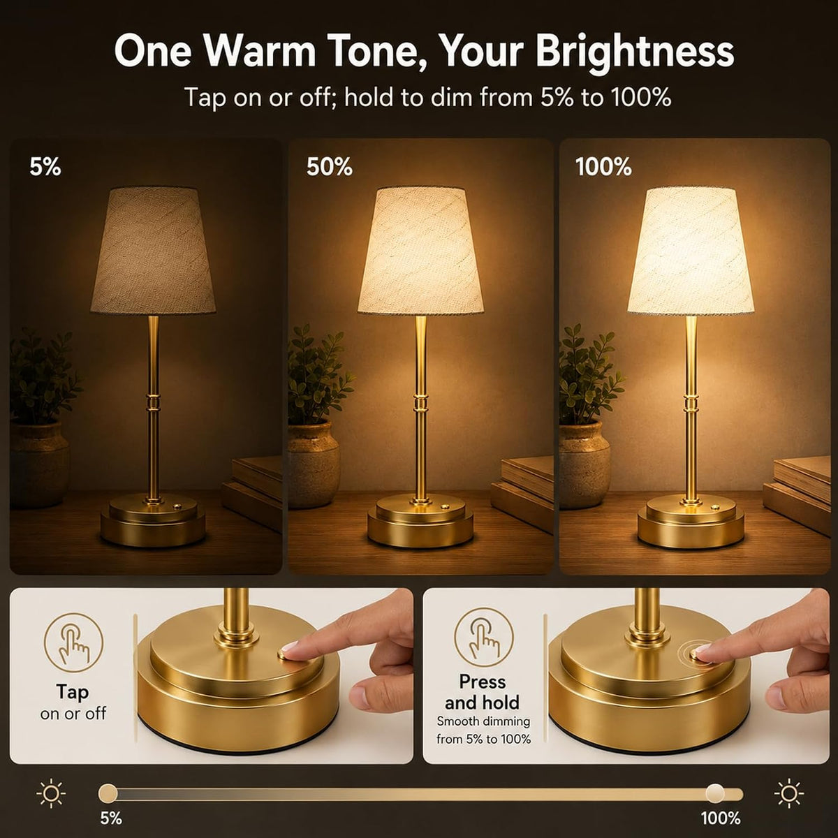 rechargeable cordless table lamp, nightstand to end table,gold,1, package contents