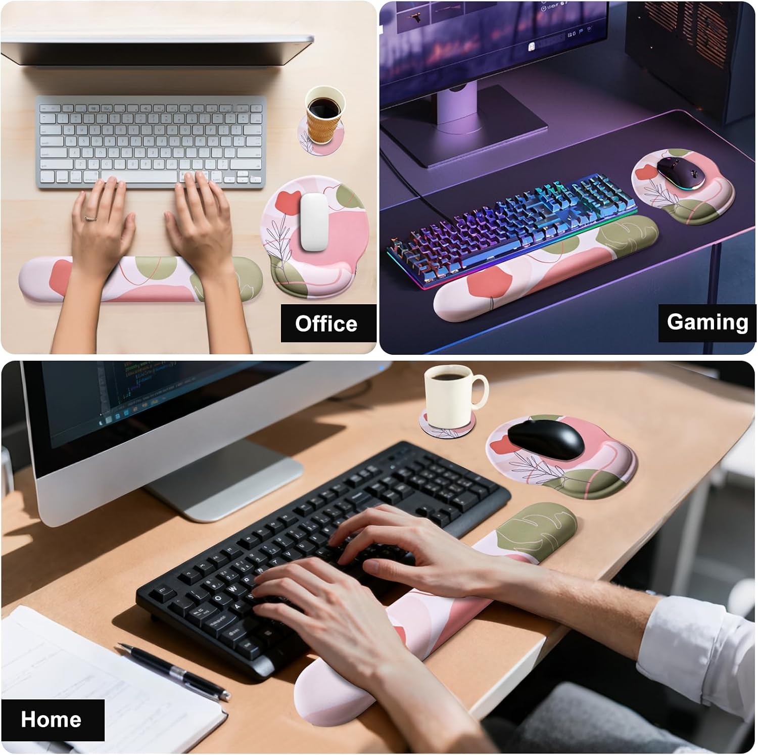 Keyboard Wrist Rest Mouse Pad with Wrist Support, Gaming Mousepad with Non-Slip Base, Ergonomic Mouse Wrist Arm Cushion Support for Home Office Laptop Computer, Easy Typing Pain Relief, Pink Flower