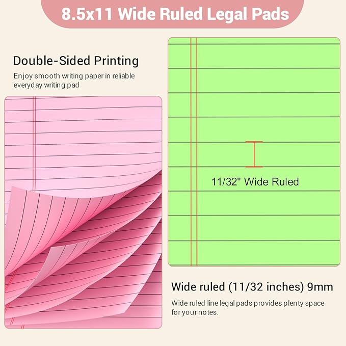 Roneky Legal Pads 8.5 x 11 Colored Notepad, 12 Pack Wide Ruled Lined Paper - Image 3