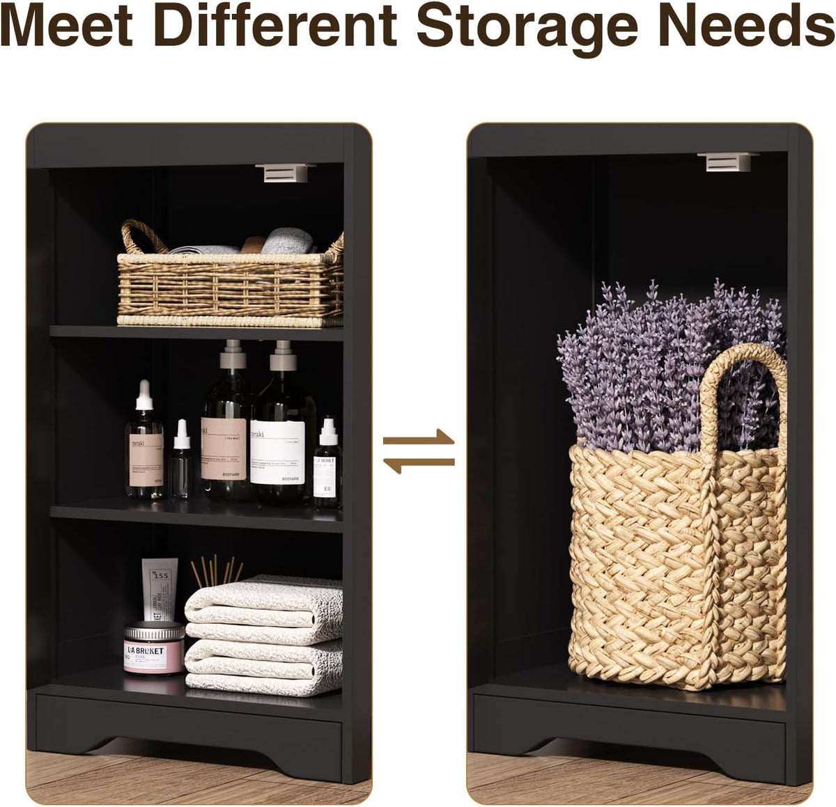 Tall Narrow Rattan Bathroom Storage Cabinet with Doors and Drawers, Black