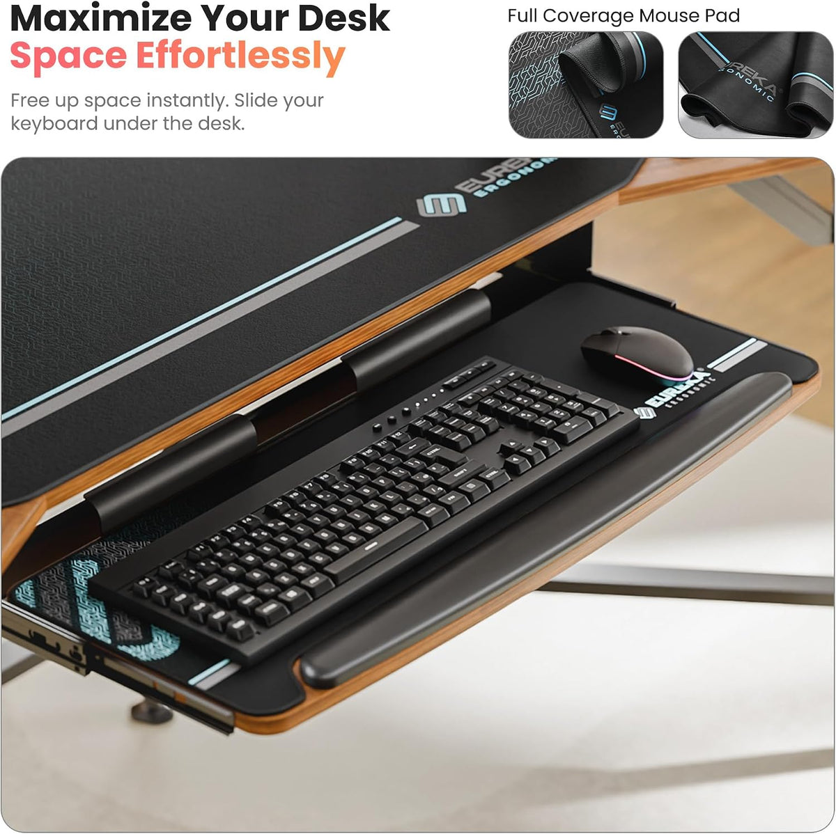 EUREKA ERGONOMIC Gaming Desk Wing Shaped Keyboard Tray 72 Inch Walnut