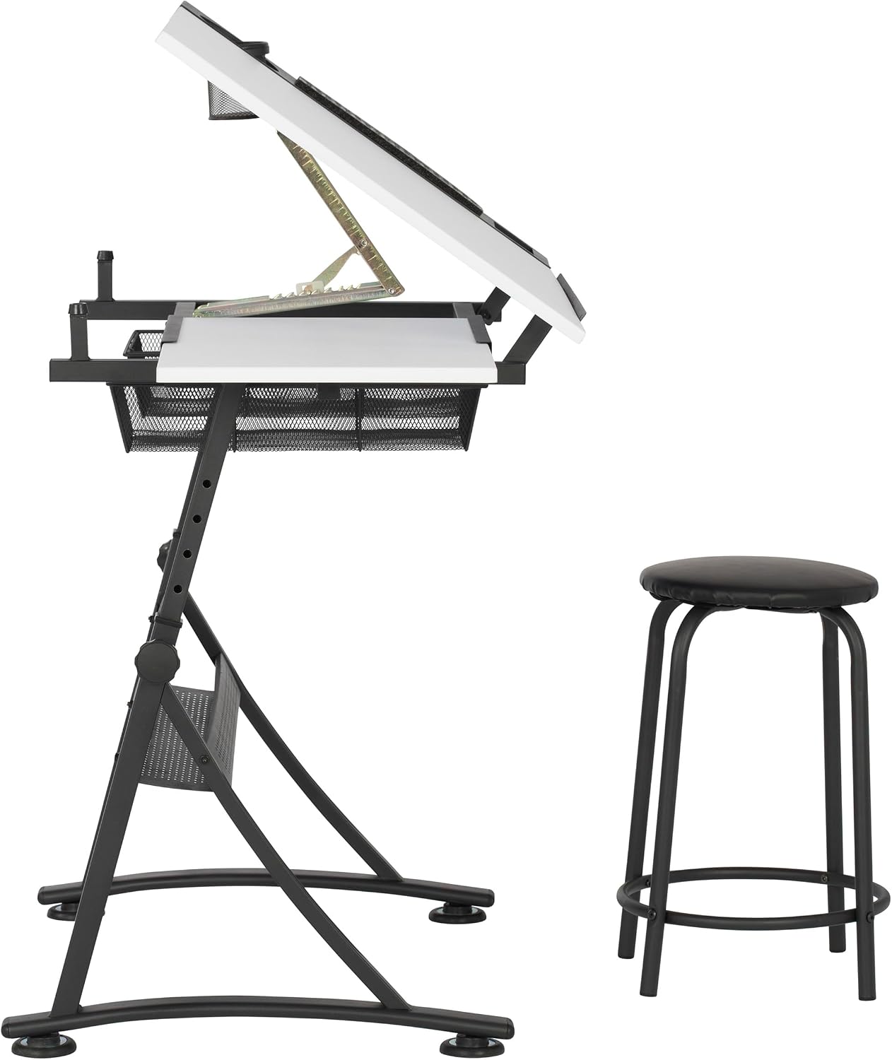 Fusion Drafting Table with Stool, Height Adjustable Desk with Tilt Top, Charcoal / White