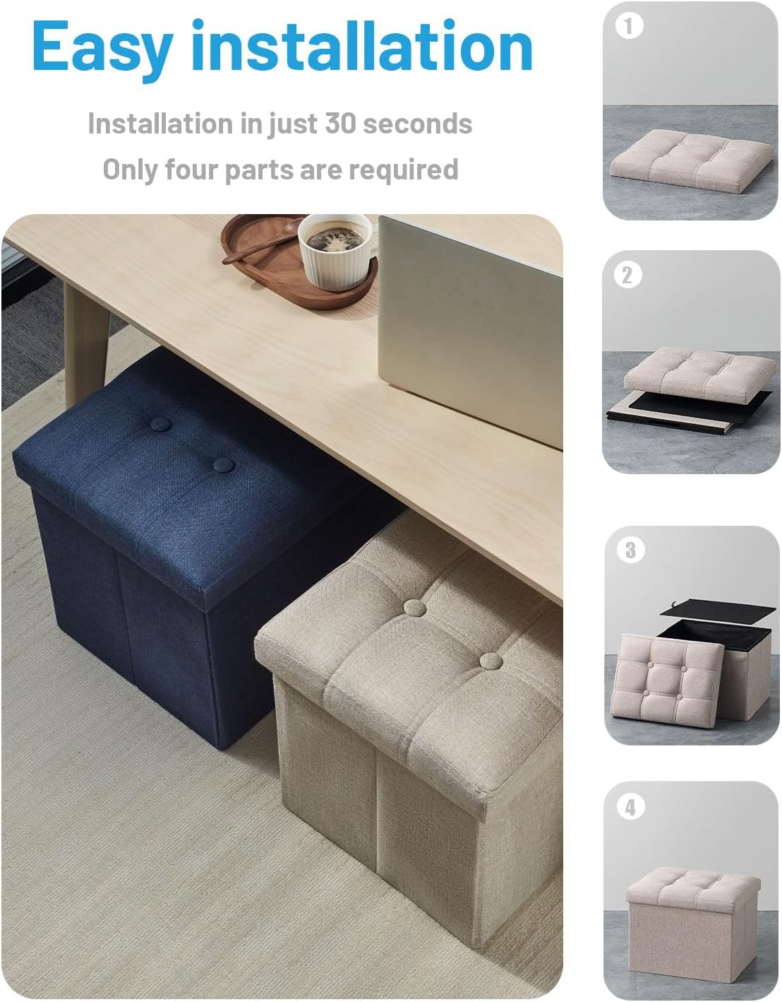 AmasSmile Ottoman with Storage,17" Folding Linen Foot Rest Chest,Beige