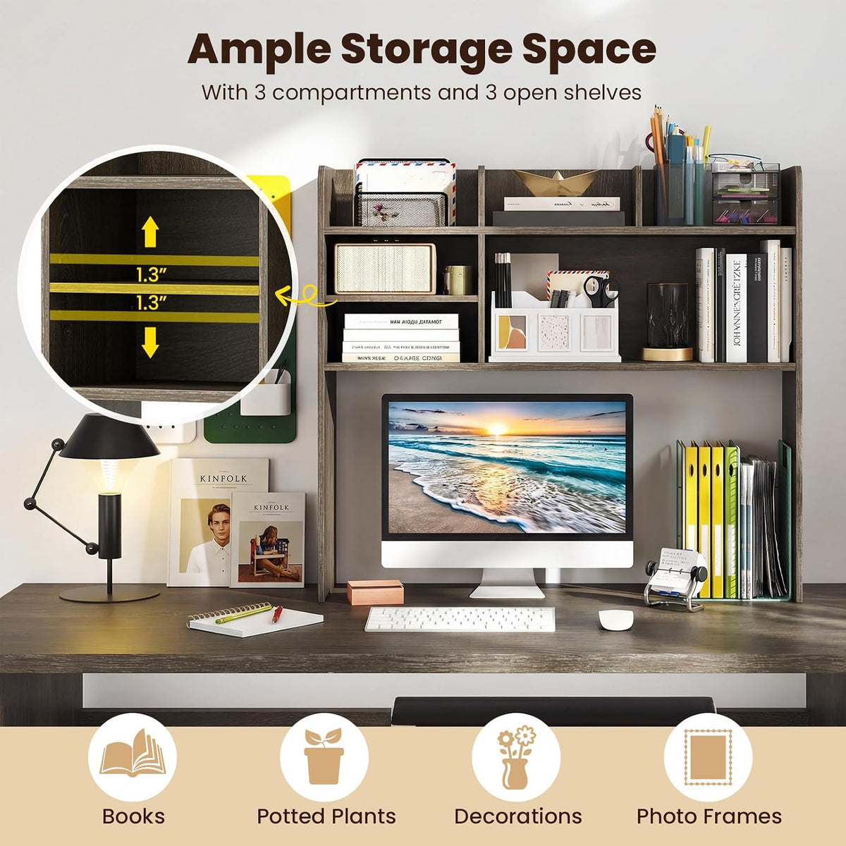 GIANTEX Desktop Bookshelf, 37" Desk Hutch Dorm for Computer Up to 32 Inc...