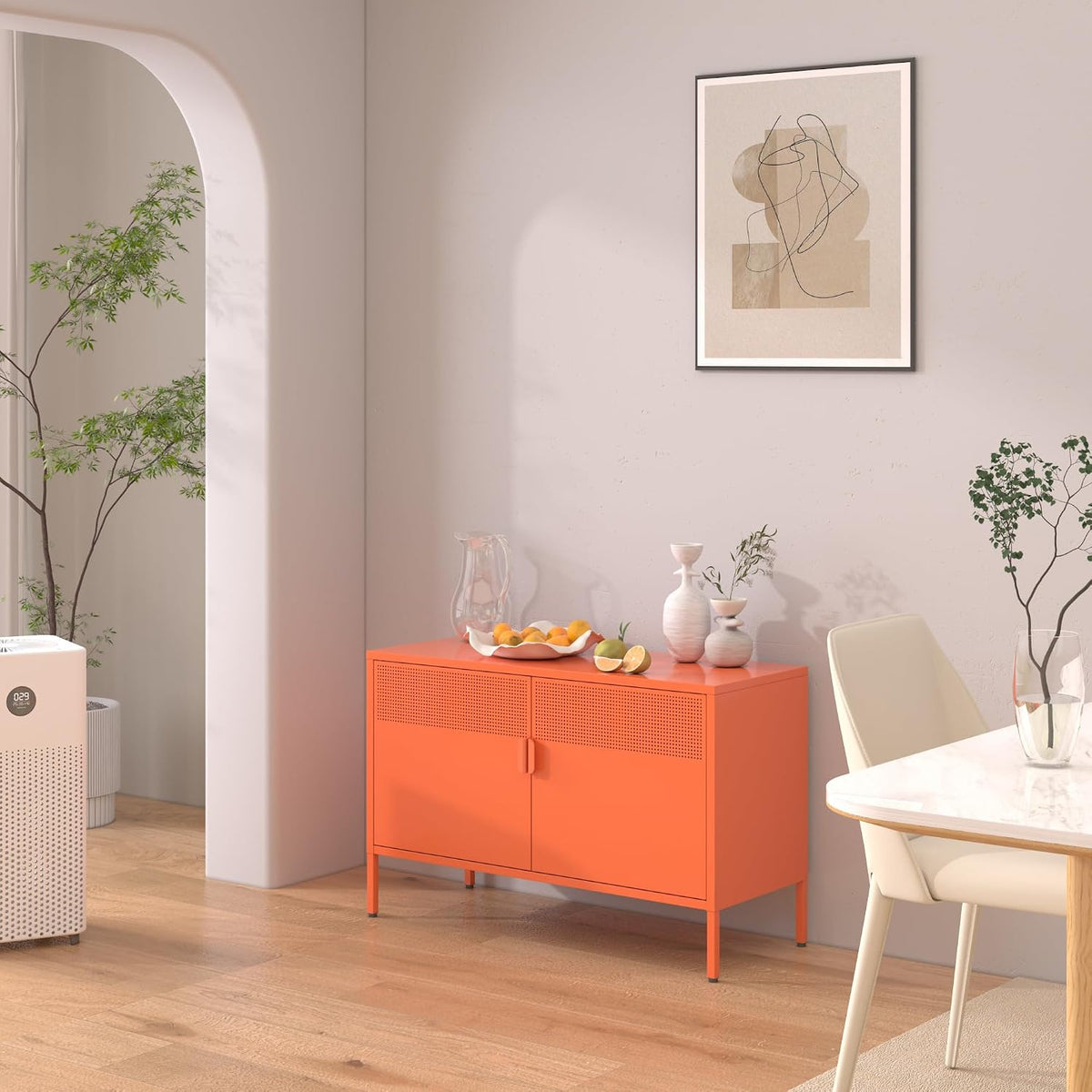 washsemba 2 door accent cabinet,orange metal storage cabinet on a desk or shelf