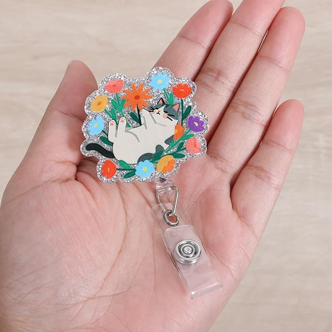 Cute Cat Floral Nurse Badge Reel, Retractable ID Card Cat Lover Badge Holders - Image 2