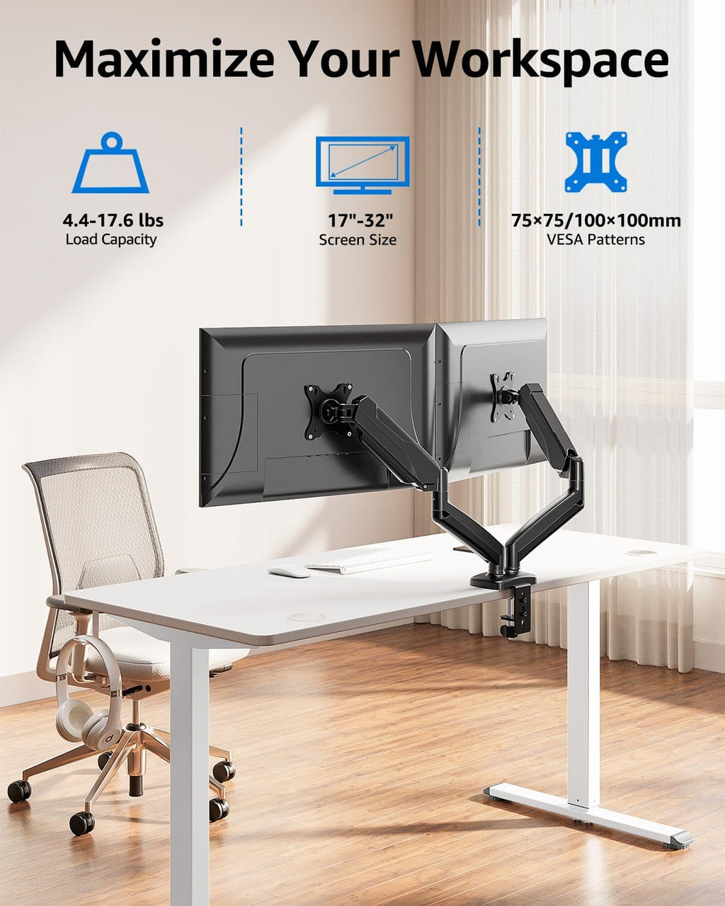 mountup dual monitor stand for desk, monitor arms shown in use