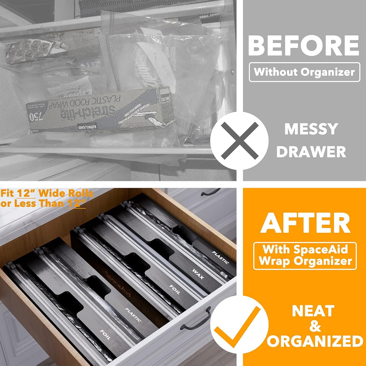 SpaceAid WrapNeat 3 in 1 Wrap Organizer with Cutter and Labels, Plastic Wrap,...