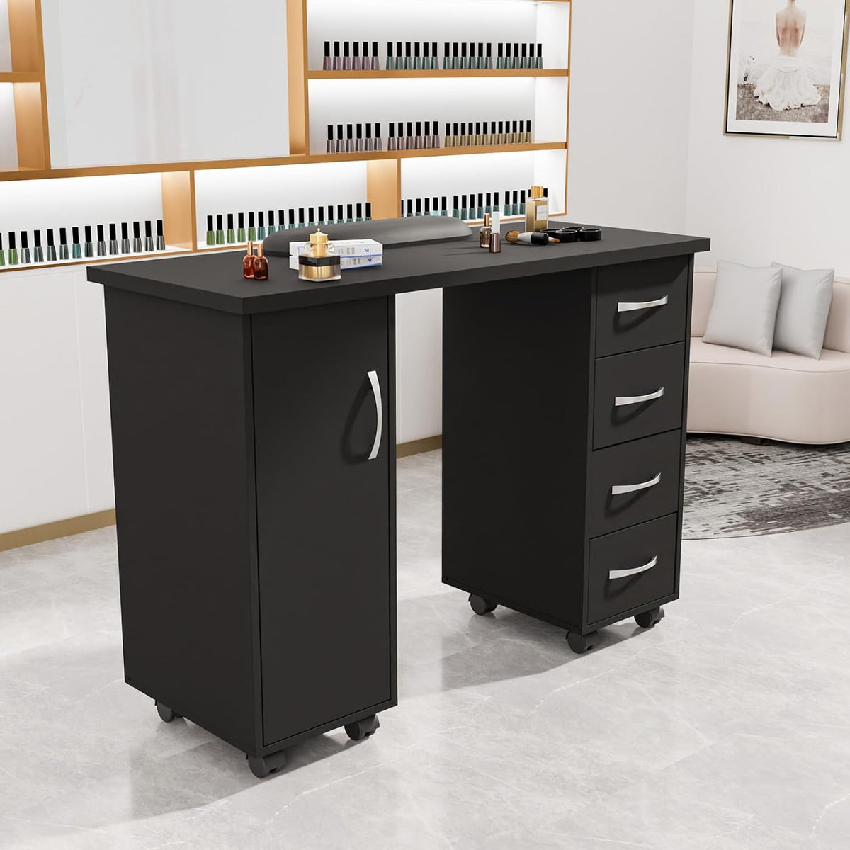 LEADZM Manicure Table Nail Desk w/Cabinet, Drawers, Wheels & Arm Rest, Sp...