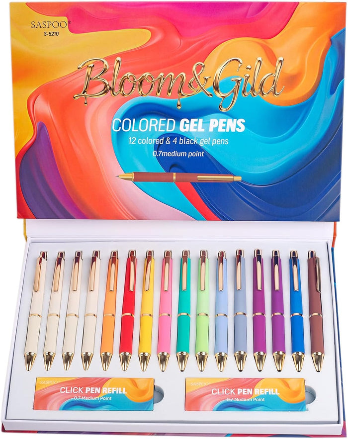 Gel Pens, Assorted Colors, 0.7mm Medium Point, Comfortable Grip,Bloom&Gild Series, 16 Count with 24 Refills, Smooth Writing