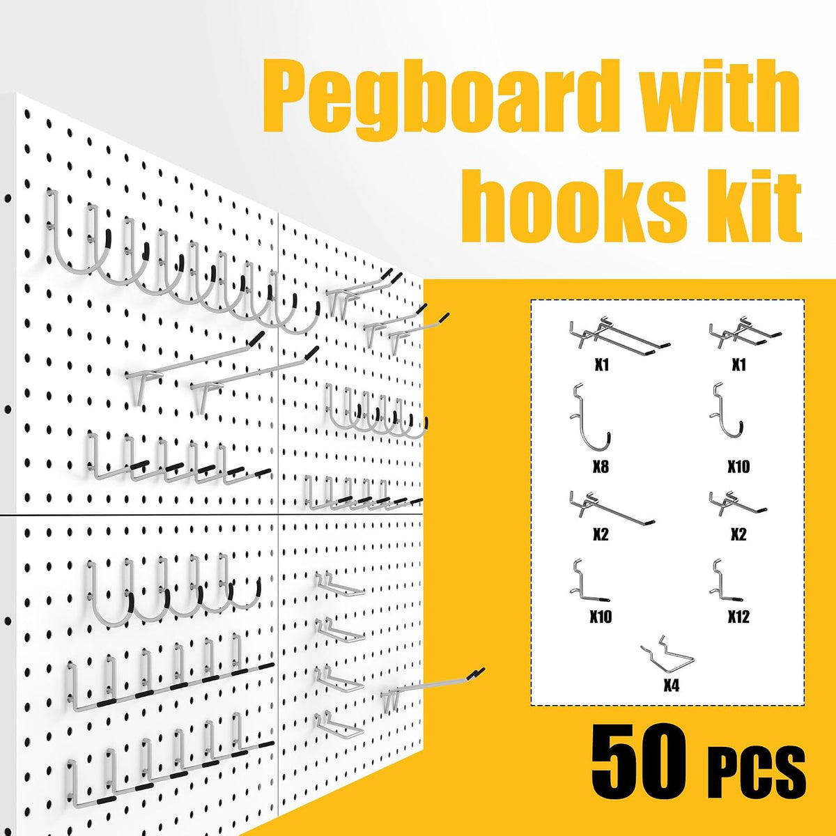 Spampur Peg Board, 4 Pack Metal Pegboard Panels with 50 Hooks