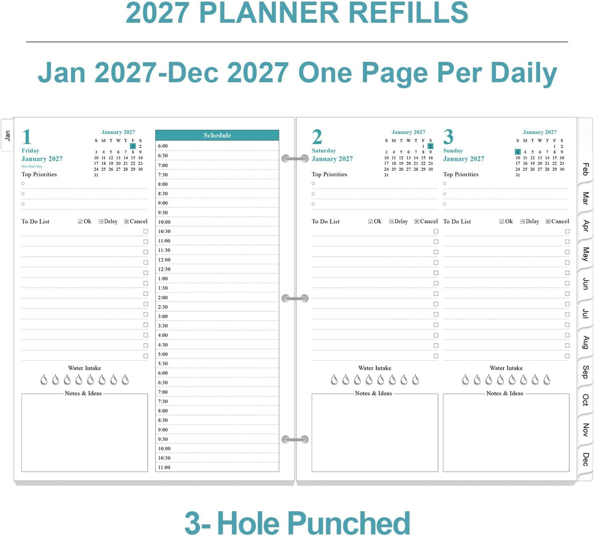 2027 Planner Refill - One Page Per Day, 3-Hole Daily ＆ Monthly Planner Refill...