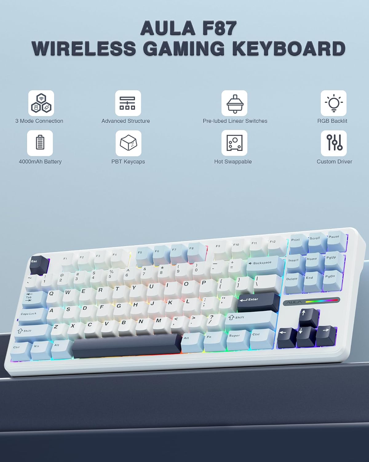 AULA F87 Wireless Mechanical Keyboard, TKL Gaming Keyboard 75%, 87 Keys
