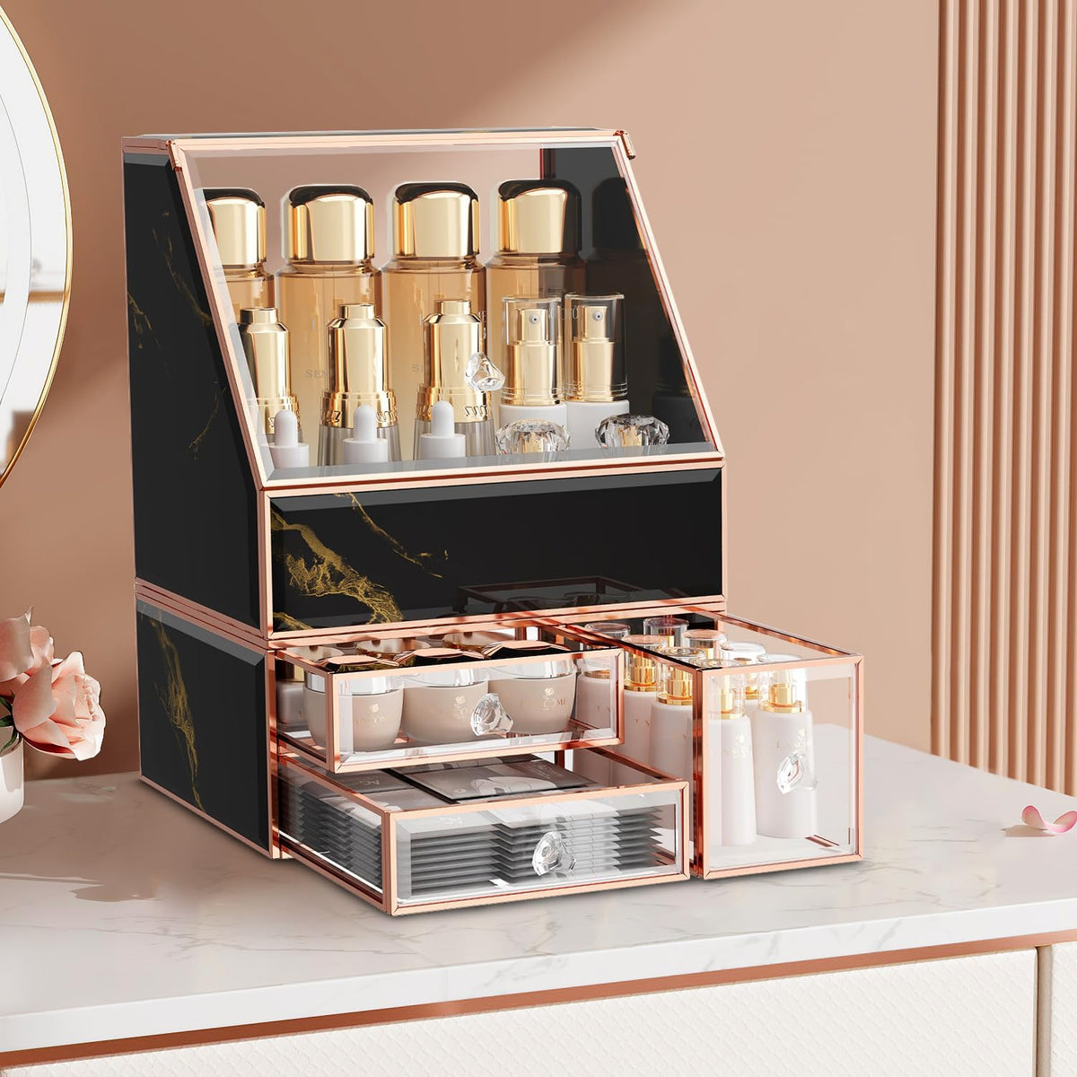 CoralHouse Glass Makeup Organizer with Lid and Drawer for Vanity, Black