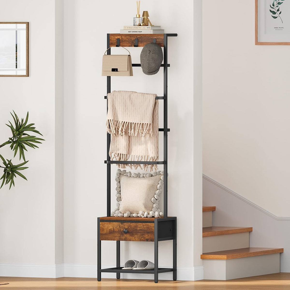 Snughome 8-Tier Blanket Ladder with Storage Drawer & Hooks for Living Room