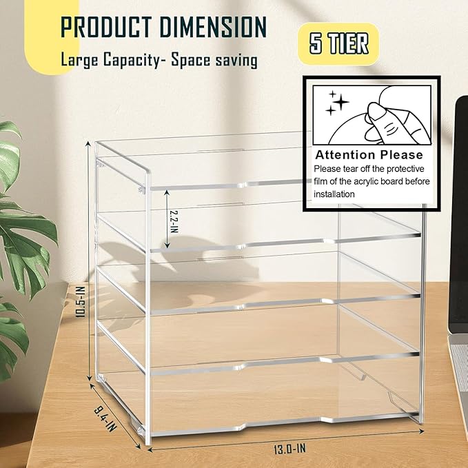 KKU 5 Tier Clear Acrylic Desk Organizer, Letter Tray Paper File Desk Organizer - Image 2