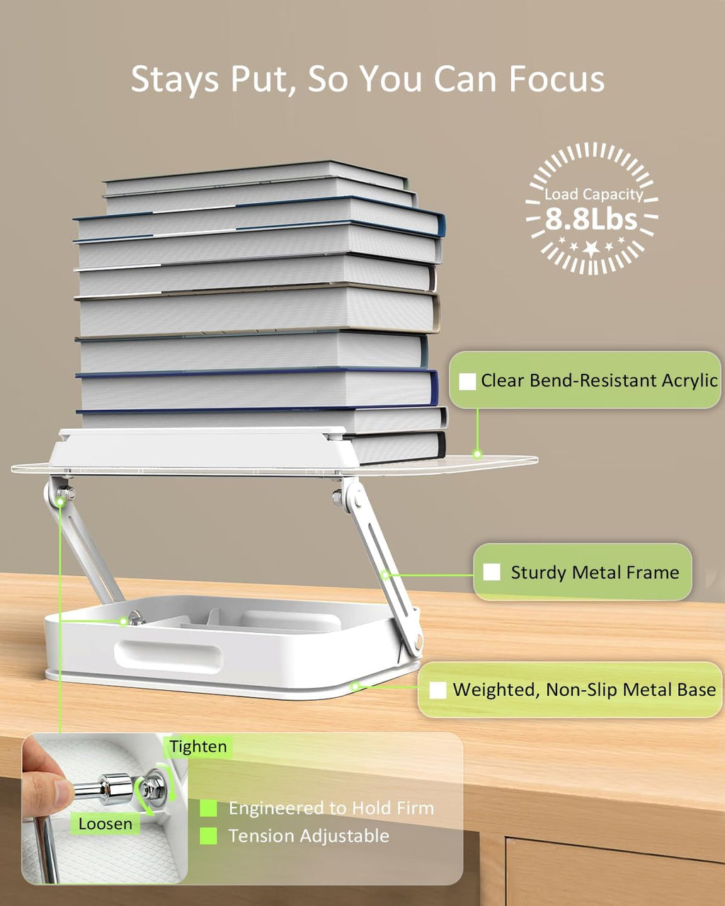 Book Stand for Reading, Acrylic Adjustable Book Holder with Book Page Holder, 360°Cookbook Stand with Storage for Kitchen Counter, Hands Free Recipe Book Holder for Textbook Cookbook, Clear