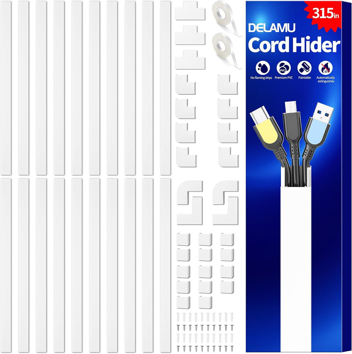 Delamu Cord Hider, 315in Wire Covers for 2-3 Cords on Wall, Premium Cable Hid...