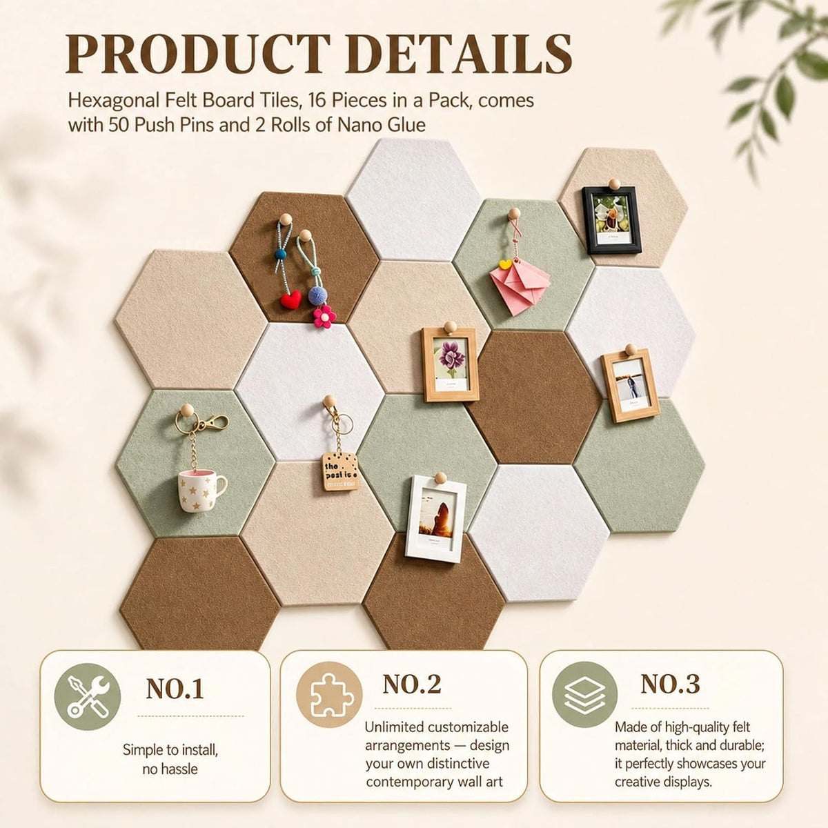 12x10 in 16 Pcs Hexagon Cork Board Tiles, Felt Pin Boards, Sage