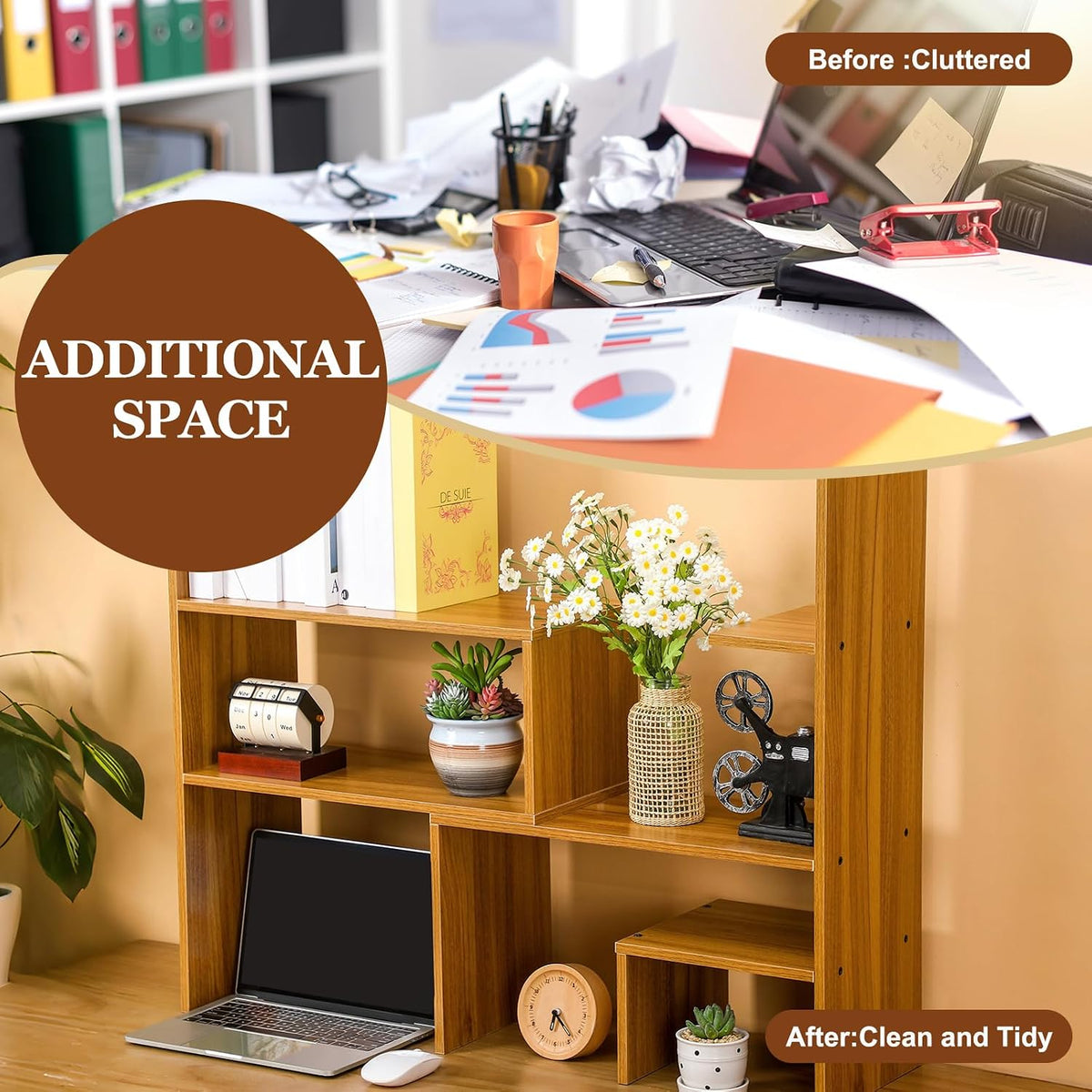Briwooody Expandable Dorm Desk Hutch Adjustable Desktop Bookshelf,Brown