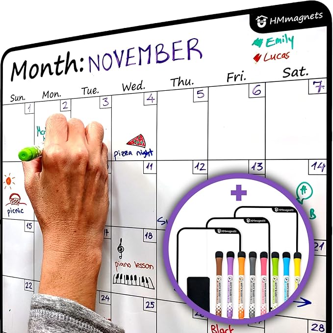 Large Dry-Erase Magnetic Monthly Calendar + Free Bonus: 3 Grocery/to-Do List by HMmagnets
