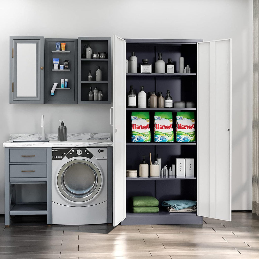 MIIIKO Metal Cabinet with Doors and Shelves, Tall Filing Cabinet for Home Office with Lock, 5 Shelf Steel Storage Cabinet for Office, School, and Garage