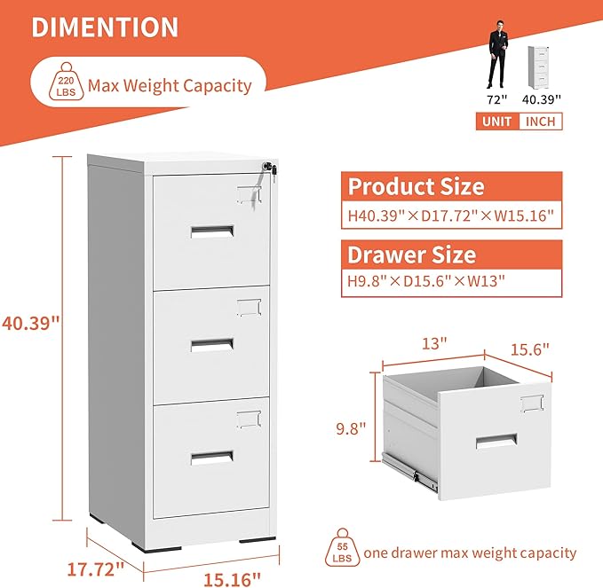 OPTYMIRA 3 Drawer Metal File Cabinet - Image 3