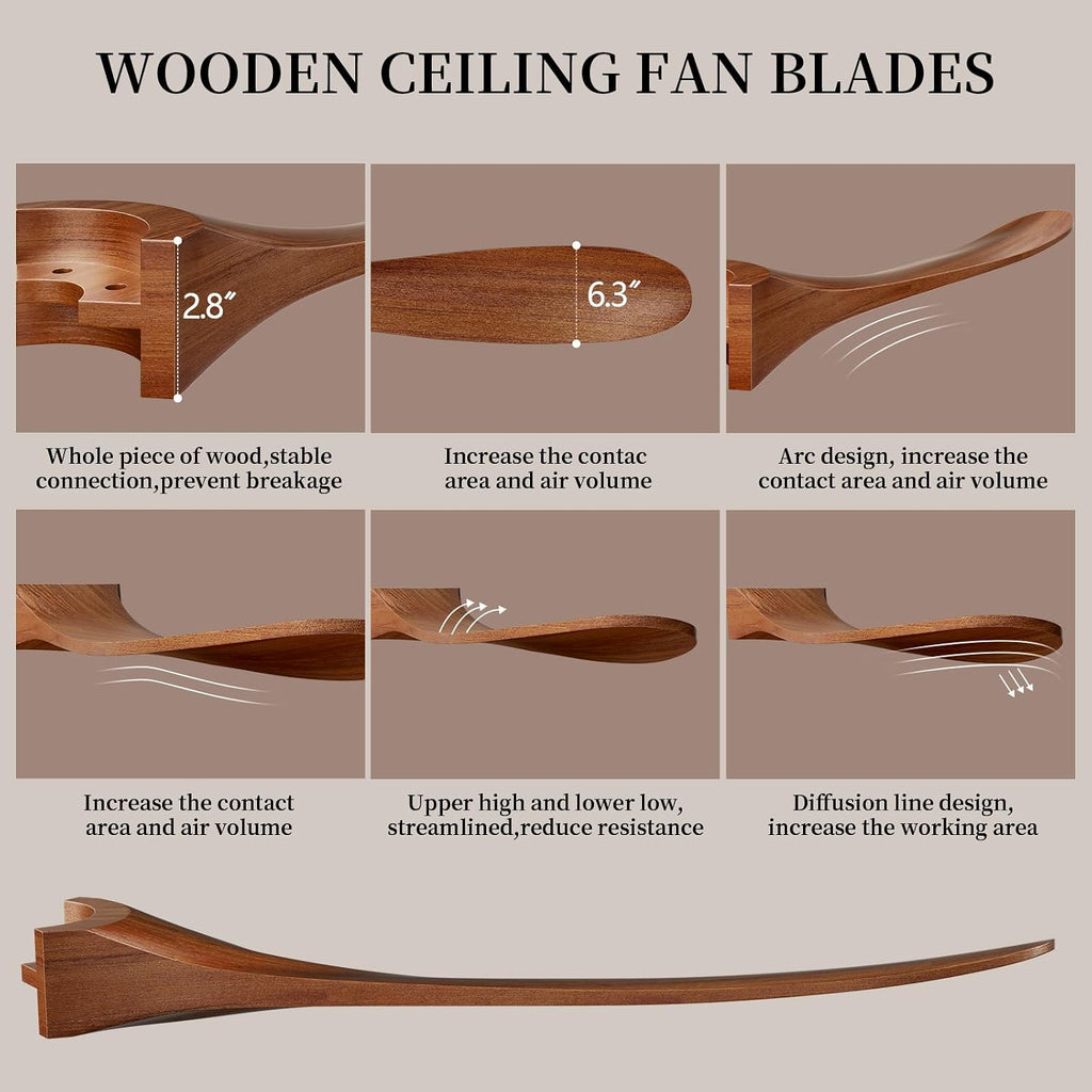 obabala 52 inch ceiling fan no light, wood, close-up detail