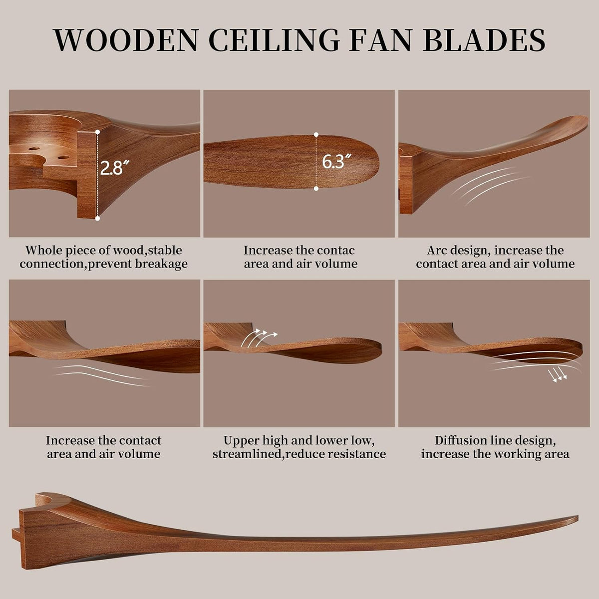obabala 52 inch ceiling fan no light, wood, close-up detail
