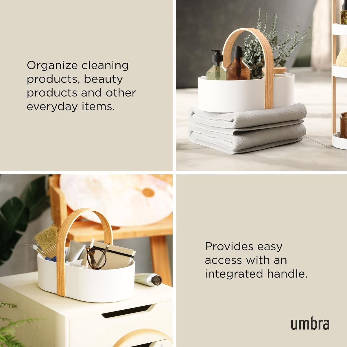 Umbra Bellwood Caddy, Wooden Handle Makeup Organizer, Small, White/Natural