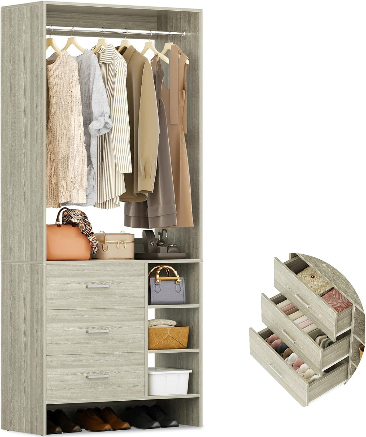 Aheaplus 2.5FT Closet System with 3 Drawers, -E6, White Oak