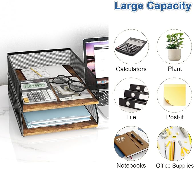 Natwind 2-Tier Stackable Paper Tray, Metal Mesh Desktop Organizer, Wood Board - Image 4