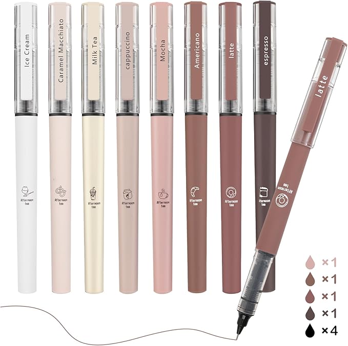 FUNFULL Aesthetic Cute Stick Rollerball Pens, 0.5mm Fine Point Coffee Gel Pens by FUNFULL