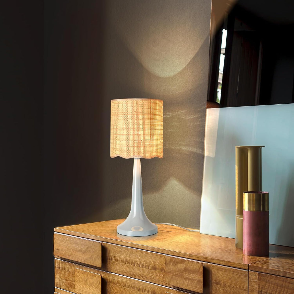 Light Blue Rattan Small Table Lamp for Bedroom, Light Blue Wicker Lamps for B...