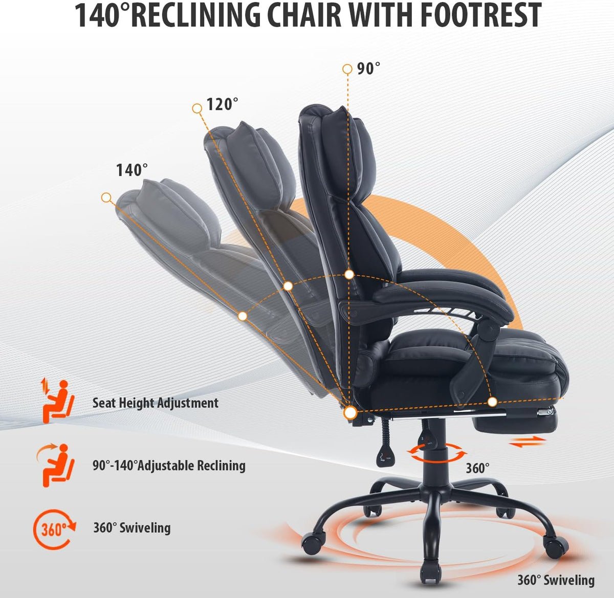 Big Reclining Ergonomic Office Chair with Footrest Black