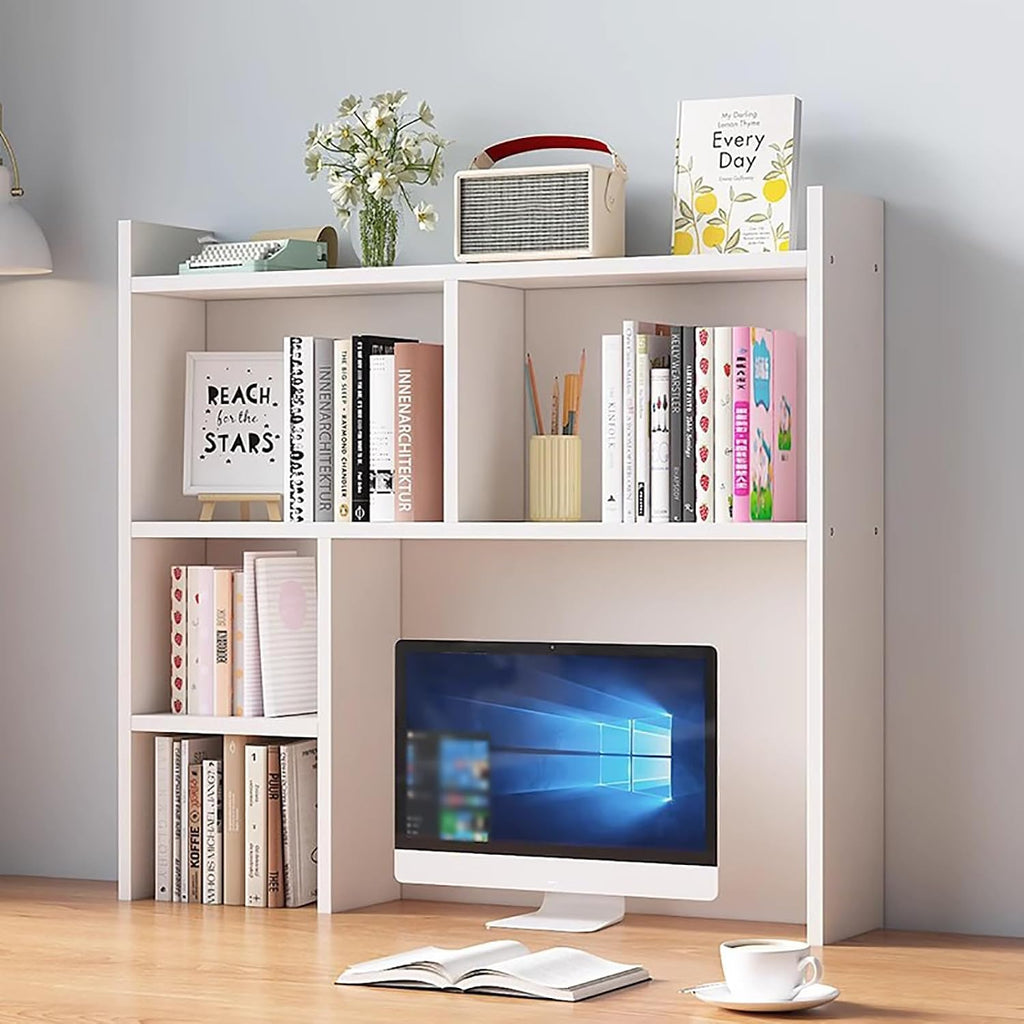 Wooden Dorm Desk Hutch White,Desktop Bookshelf for Computer Desk,3-Tier Countertop Display Rack,Desk Accessories Workspace Organizers for Home Office(31.5″W×7.9″D×35.4″H, White)