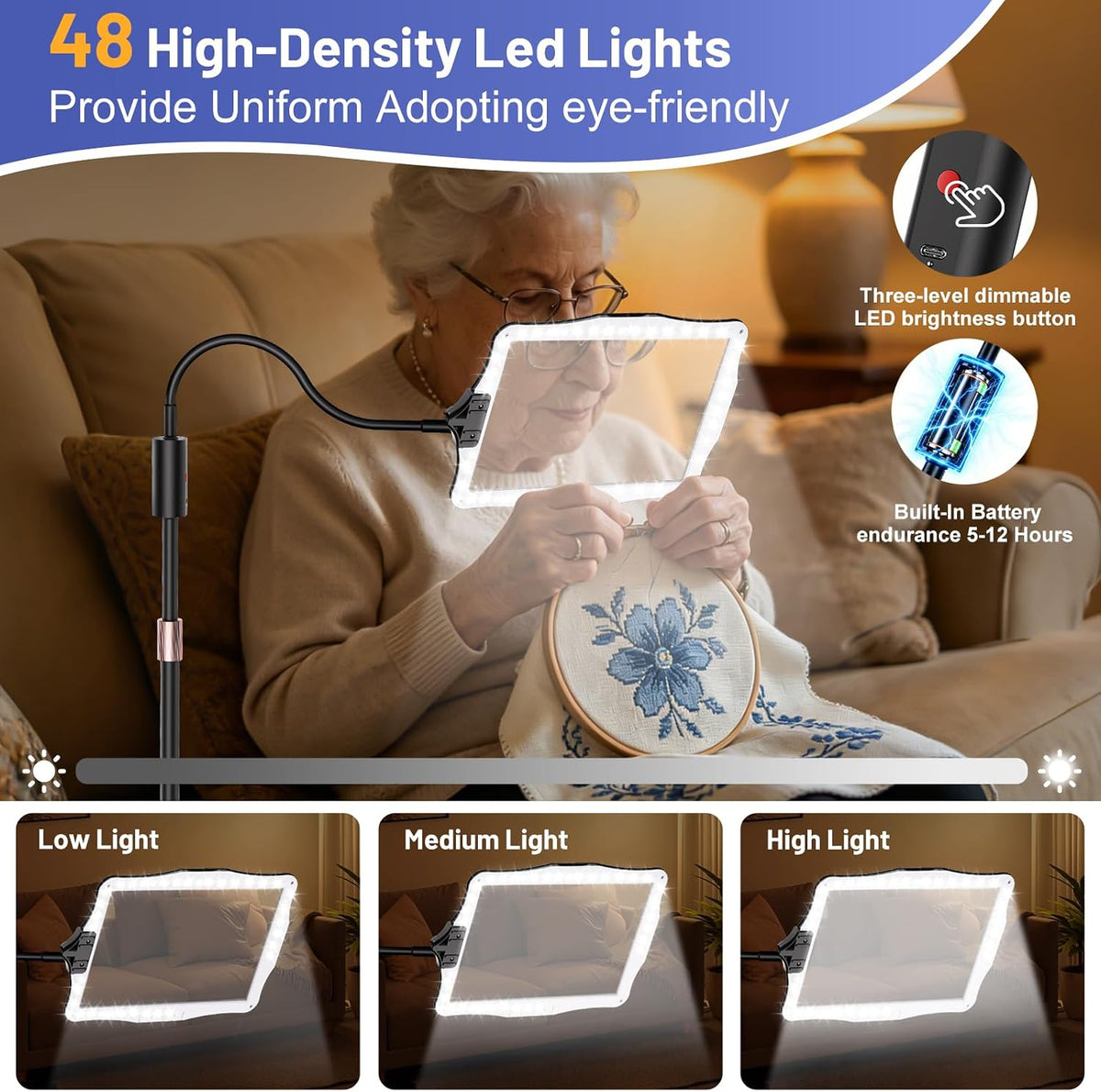 Hands Free Floor Standing Magnifying Glass with 48 LED Rechargeable Light, Ad...