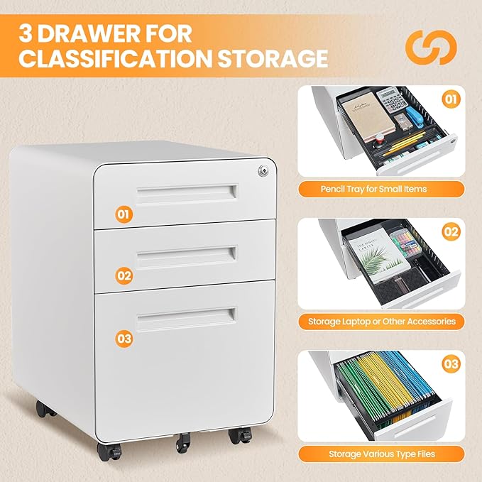 AFAIF 3 Drawer File Cabinet, Fully Assembled Mobile File Cabinets - Image 8