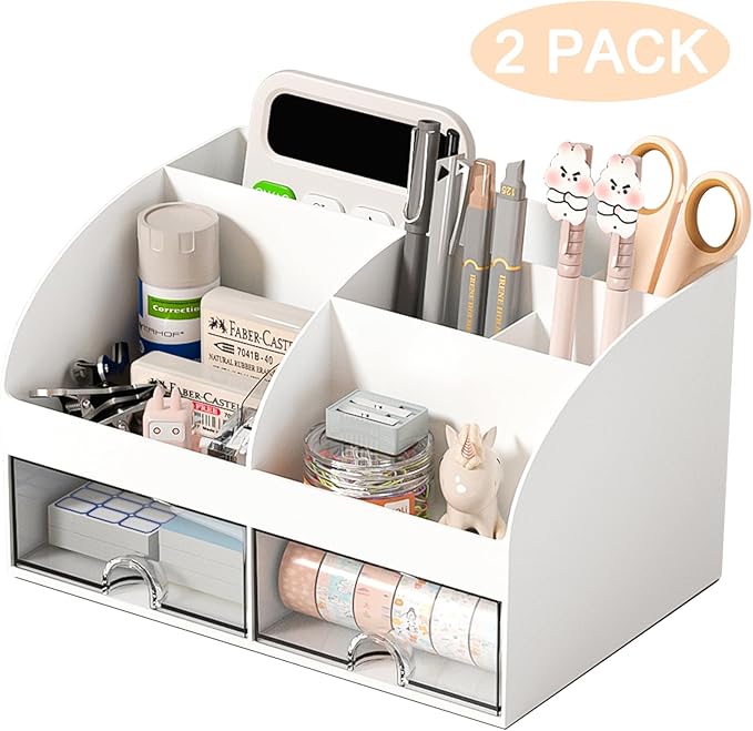 Desk Organizer with 6 Compartments and 2 Drawers, Plastic Makeup Organizer - Image 2