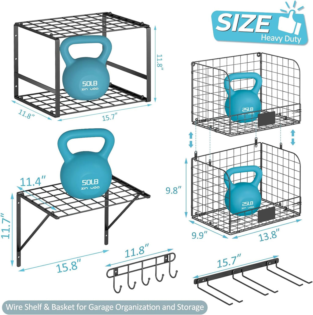 threehio garage shelf wall mounted with wire baskets, close-up detail