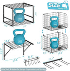 threehio garage shelf wall mounted with wire baskets, close-up detail